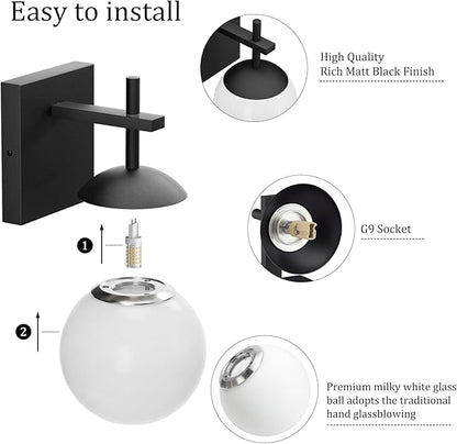 Ralbay Black Indoor Wall Sconces Set of 2,Mid Century Modern Bathroom Wall Lighting Fixtures Milky Glass Wall Lamp for Bedroom Living Room Vanity Hallway, Matte Black (Exclude Bulb)