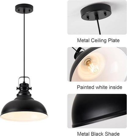 Industrial Pendant Light Fixture, Farmhouse Decor Adjustable Metal Hanging Lamp, Vintage Pendant Lighting for Kitchen Restaurant Dining Room Cafe, E26 Base Black (Black, 2 Pack)