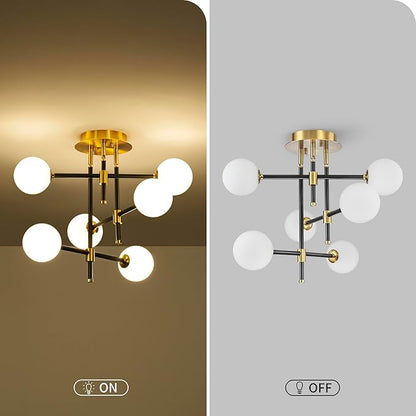 6-Light Rotatable Glass Bubble Ceiling Lights, Modern Flushmount Light Fixture for Dining Room, Bedroom, D20 * H15.5 inch, Milk Glass Bubble & Black & Gold Finish