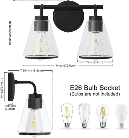 Black Bathroom Vanity Light 2 Lights Bathroom Light Fixtures Over Mirror Vanity Lighting Fixtures with Clear Glass Shade 14 inch Modern Vanity Lights for Bathroom Wall Sconce Lights for Bedroom