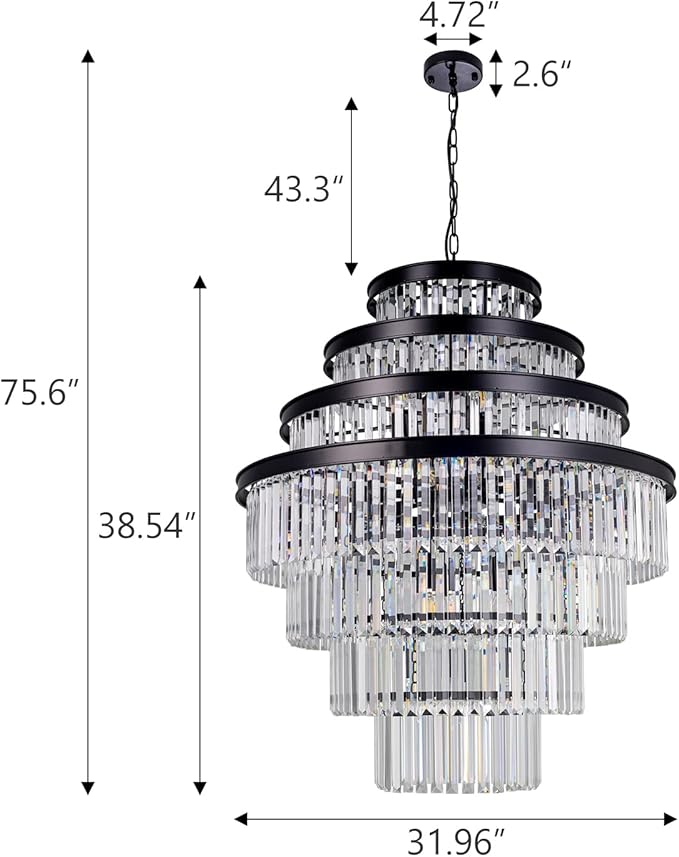 Wellmet Large Crystal Chandelier, Luxury 7-Tier Crystal Chandelier, Black Crystal Chandelier for Living Room, Dining Room, Porch, Entryway, Hallway, Restaurant, 31''W