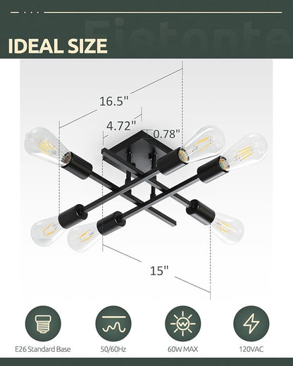 6-Light Semi Flush Mount Ceiling Light Fixture, Industrial Black Close to Ceiling Lighting, Modern E26 Base Sputnik Chandelier Ceiling Lamp for Kitchen Bedroom Living Room Hallway