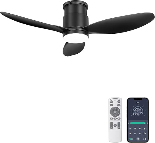 Ohniyou 42'' Flush Mount Ceiling Fans with Lights, Remote/App Control, Dimmable, Quiet Indoor/Outdoor Ceiling Fan for Covered Patio, Bedroom, Kitchen, Black