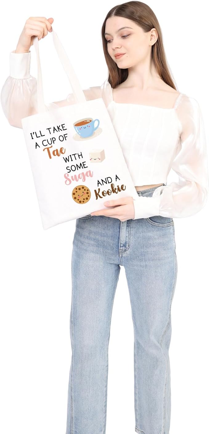 WSNANG Korean Group Fans Gift Music Lover Bag A Cup of Tae With Suga and A Kookie Tote Bag Reusable Shopping Bag