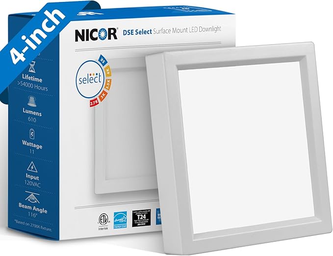 4” Square LED Surface Mount Ceiling Light - Dimmable Ceiling Light for Kitchen - Selectable CCT 2700K-5000K, 617-643 Lumens, 10.7W - DSE Edge-Lit Downlights for Ceiling, White by NICOR Lighting