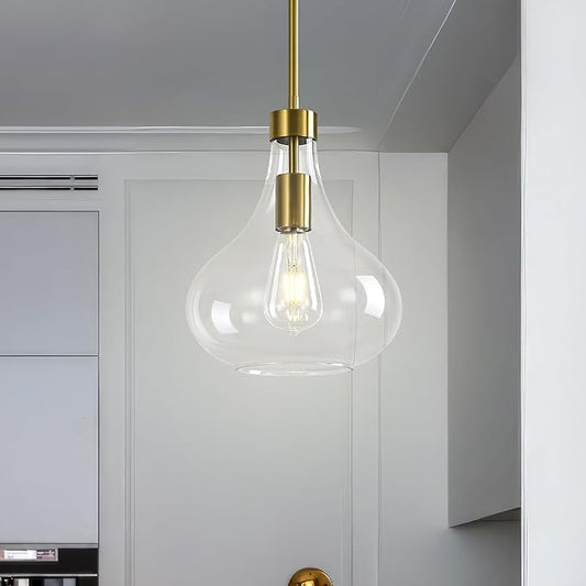 Modern Glass Pendant Light 9.44 in Clear Glass Shade Gold Farmhouse Island Pendant Lights for Kitchen Pendant Lighting Over Sink Bedroom Dining Room