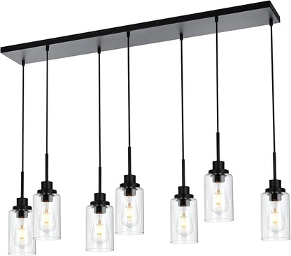 MELUCEE Linear Hanging Pendant Lights with Clear Glass Shade Black Dining Room Light Fixtures Over Table Kitchen Island Lighting, Adjustable Hanging Height