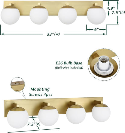 Gold Bathroom Vanity Light Fixtures, 4-Light Globe Bathroom Lighting Fixtures Over Mirror, Modern Wall Lights for Living Room, Long Backplate, Standard E26 Base, Aged Brass