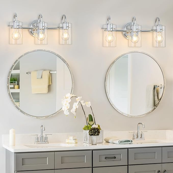 3 Lights Vanity Light, Polished Chrome Bathroom Wall Light Fixture Over Mirror, Modern Wall Sconce with Clear Glass Shade, Farmhouse Mount Lamp for Washroom, Living Room, Workshop