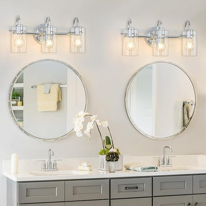 3 Lights Vanity Light, Polished Chrome Bathroom Wall Light Fixture Over Mirror, Modern Wall Sconce with Clear Glass Shade, Farmhouse Mount Lamp for Washroom, Living Room, Workshop