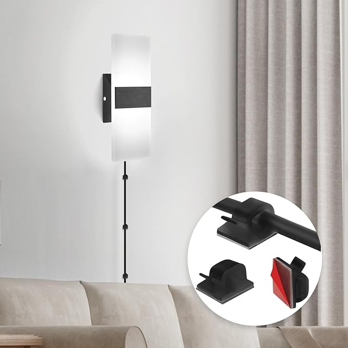 GOODATE 4 Pack Plug in Wall Sconces with Remote Control, Dimmable, Adjustable 3000K-6500K Colors, Black 12W Acrylic LED Plug in Wall Light, Wall Lamps for Bedroom Living Room Hallway Stair