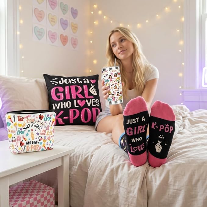 Kpop Gift Set Includes 20oz Tumbler, Throw Pillow Cover, Socks & Makeup Bag Just a Girl Who Loves K-pop Room Decor Birthday Gifts for Kpop Music Fans (Black)
