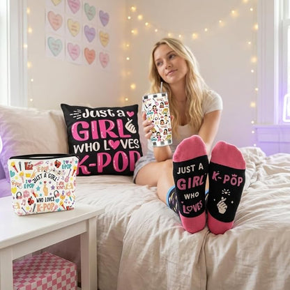 Kpop Gift Set Includes 20oz Tumbler, Throw Pillow Cover, Socks & Makeup Bag Just a Girl Who Loves K-pop Room Decor Birthday Gifts for Kpop Music Fans (Black)