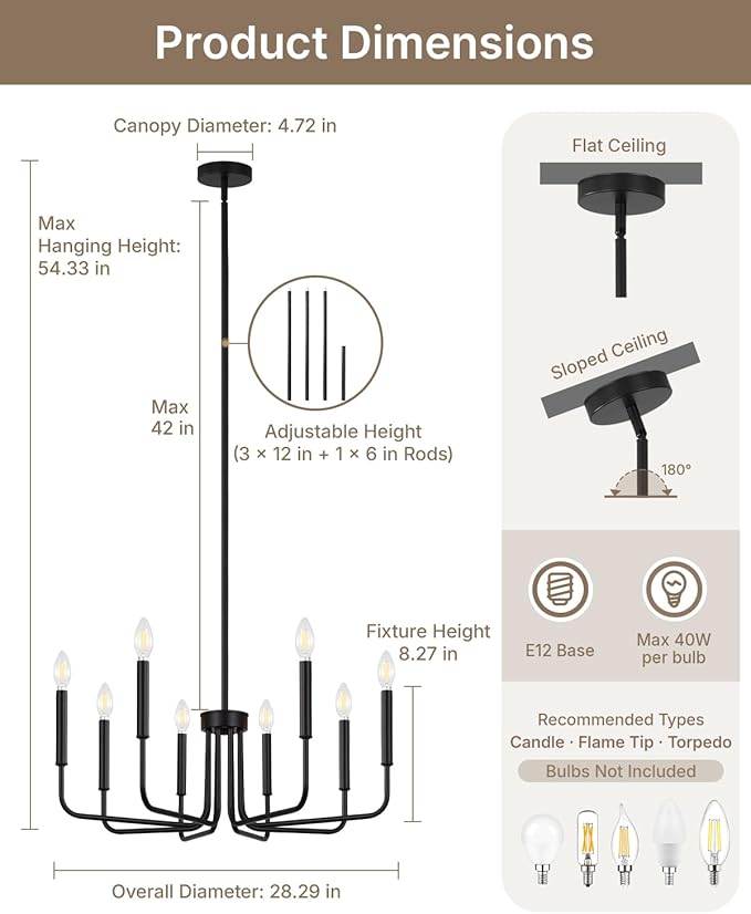Yunnix 8 Light Black Chandelier for Dining Room Light Fixture, Modern Farmhouse Chandelier Candle for Bedroom, Entryway, Foyer, Staircase, Kitchen and Living Room