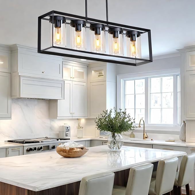 Modern 5-Light Black Rectangular Farmhouse Chandeliers, Linear Dining Room Light Fixture with Clear Glass Shades, Kitchen Island Lighting Fixtures over Table Ceiling Hanging Pendant Lights