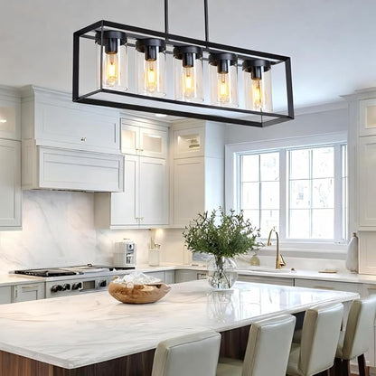 Modern 5-Light Black Rectangular Farmhouse Chandeliers, Linear Dining Room Light Fixture with Clear Glass Shades, Kitchen Island Lighting Fixtures over Table Ceiling Hanging Pendant Lights
