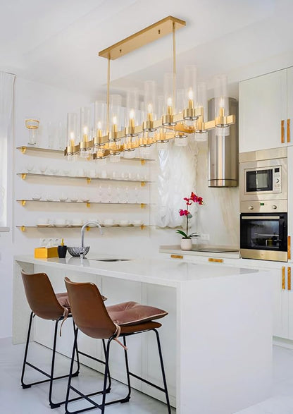 Modern Gold Linear Chandelier, 50'' Rectangular 16-Light Lighting Fixture with Glass Shades, Adjustable Hanging Height, Over Dining Table for Dining Room, Kitchen Island