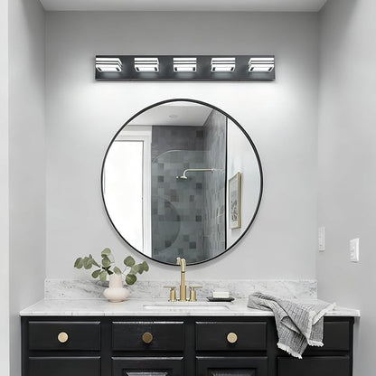 SOLFART LED Bathroom Lighting Fixtures - 5 Lights Modern Matte Black Acrylic Vanity Lights for Mirror 32inch 24W