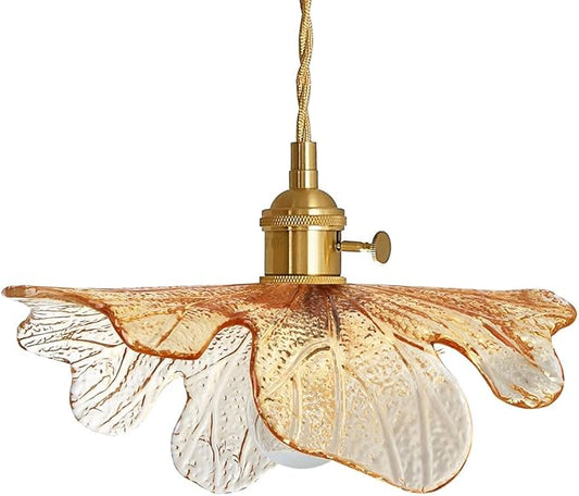 Amber Glass Pendant Lights for Dining Table Mid Century Flower Pendant Lamp with Blown Shade Vintage Gold Brass Adjustable Hanging Light for Kitchen Cabinets Bedroom entryway