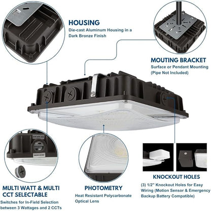 Konlite 63W/45W/30W LED Canopy Light - Selectable - 5000K/4000K - 9,360LM - Dimmable - 120-277V - 250W Equal, Residential & Commercial Indoor & Outdoor Light Fixture, UL, Dark Bronze
