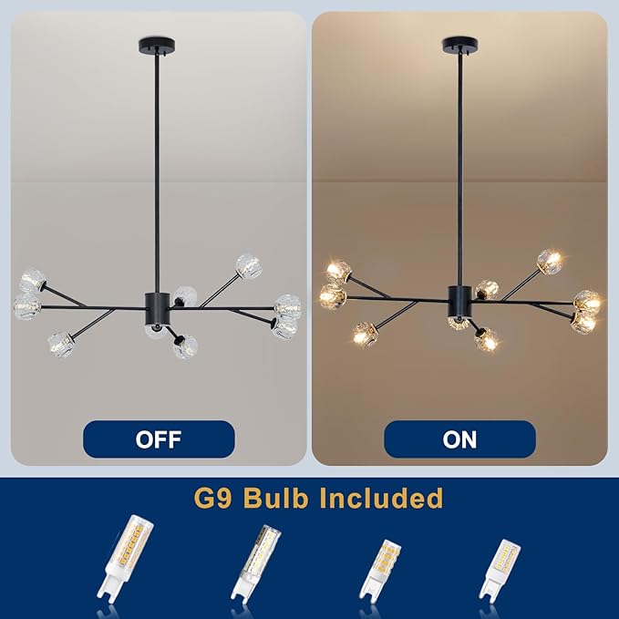 Depuley Modern Black Sputnik Chandelier: 9-Light Crystal Glass Chandelier for Dining Room - Kitchen Table Light Fixture Mid Century Hanging Lamp Height Adjustable for Foyer (Included G9 Bulbs)
