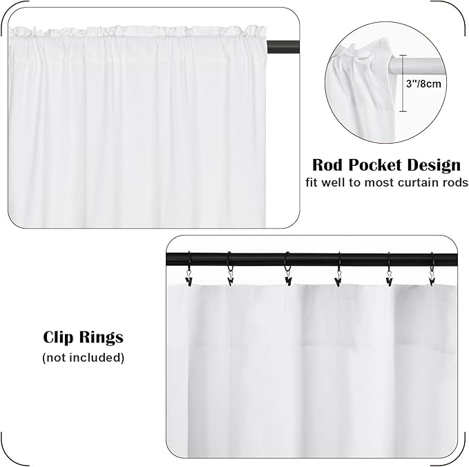 FRAMICS Farmhouse Cotton Linen Curtains for Living Room, Boho Button Curtains 63 inch Length, Rustic Country Linen Window Curtains for Bedroom, Rod Pocket Drapes, 52 x 63 Inch, White and Linen