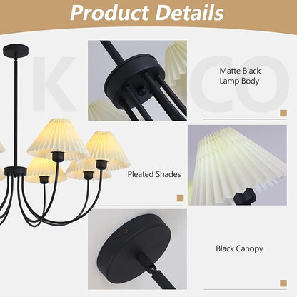 KCO Lighting Large White Pleated Chandelier 8 Light Black Chandelier Light Fixture Mid Century Modern Kitchen Light Nordic Vintage Pleated Pendant Lamp Industrial Dining Room Chandelier