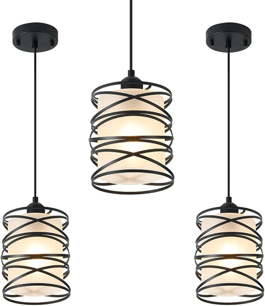 3 Pack Frosted Glass Pendant Light Fixtures 6.3Inch Spiral Metal Cage Mini Pendant Lighting Handblown Kitchen Island Hanging Light Adjustable Cord Pendant Lamp for Dining Room Foyer Hallway, E26
