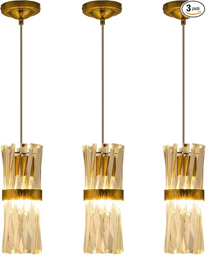 Ken & Ricky Pendant Lights Kitchen Island Gold 3 Pack,Crystal Pendant Lighting Over Island,Modern Pendant Light Fixtures for Dining Room Bedroom Bathroom Livingroom
