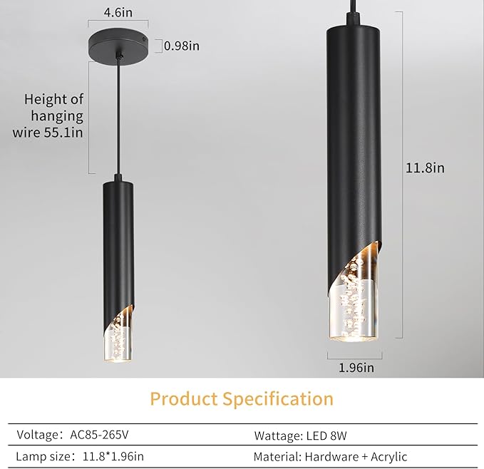 3 Pack Minimalist Kitchen Island Pendant Lights, Black Modern Linear Hanging Light Fixture, Bubble Acrylic, Adjustable 2700K/4500K/6500K, LED Ceiling Lamp for Dining Room, Bedside, Bathroom, Bar