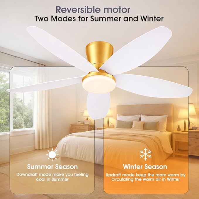 Surtime 42" Ceiling Fans with Lights-Low Profile Ceiling Fan with Light and Remote/APP Control,Flush Mount Gold Ceiling Fan with Reversible White Blades