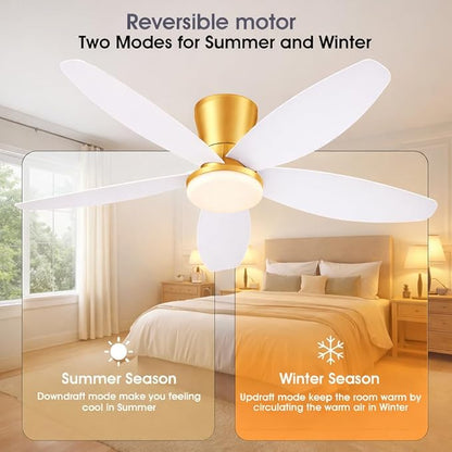 Surtime 42" Ceiling Fans with Lights-Low Profile Ceiling Fan with Light and Remote/APP Control,Flush Mount Gold Ceiling Fan with Reversible White Blades