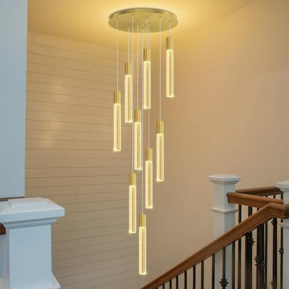 Modern 9-Light Crystal Chandelier – 98" High Ceiling Design Gold Dimmable LED Pendant Light for Foyer Living Room Hallway Staircase