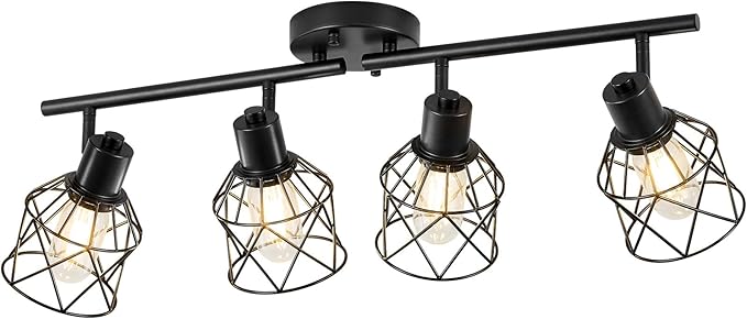 4-Lights Kitchen Track Lighting, Adjustable Multi-Directional Ceiling Light Fixtures, Rotatable Farmhouse Light Fixtures Mount with Metal Cage for Dining Room, Living Room, Bedroom, E26 Base