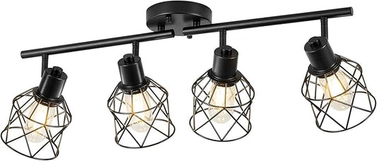 4-Lights Kitchen Track Lighting, Adjustable Multi-Directional Ceiling Light Fixtures, Rotatable Farmhouse Light Fixtures Mount with Metal Cage for Dining Room, Living Room, Bedroom, E26 Base