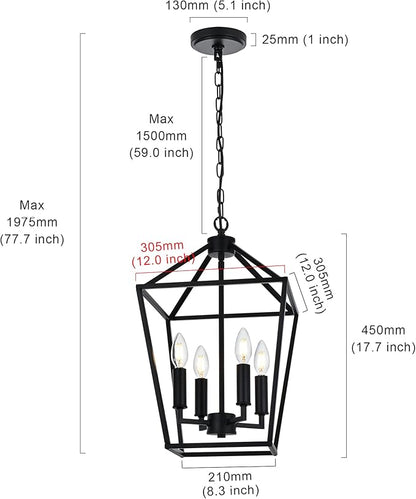 MELUCEE Farmhouse Chandelier 4 Lights Lantern Pendant Light in Black Finish Vintage Openwork Cage Hanging Light Ceiling for Kitchen Island Dining Room Hallway Entryway, E12 Base
