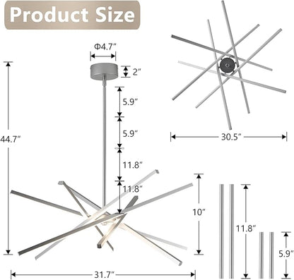 Modern Chandelier Light Fixtures - LED 6-Lights Silver Dining Room Linear Chandeliers Sputnik Pendant Lights Fixture Over Table 3000K 4500K 6000K Dimmable for Living Room Kitchen Island