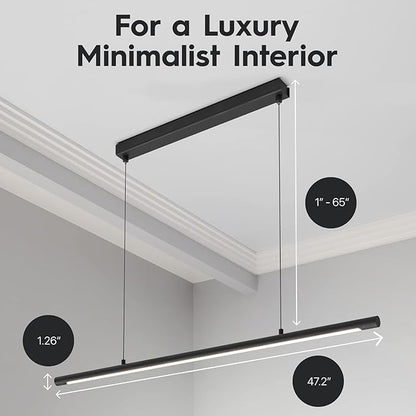 LED Linear Pendant Light, Office Light, Flicker-Free, Dimmable, Modern Ceiling Lighting for Bedroom Dining Room Table, 20W 5000K Cold Light 47.2" Black