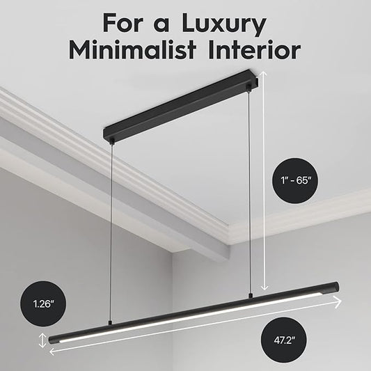 LED Linear Pendant Light, Office Light, Flicker-Free, Dimmable, Modern Ceiling Lighting for Bedroom Dining Room Table, 20W 5000K Cold Light 47.2" Black