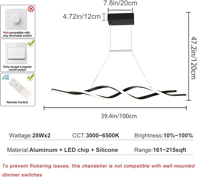 Jaycomey Modern Chandelier for Dining Room Dimmable LED Pendant Light with Remote Control, Acrylic Wave Chandeliers Adjustable Hanging Chandeliers for Bedroom Kitchen Living Room,3000K-6000K,28W,Black