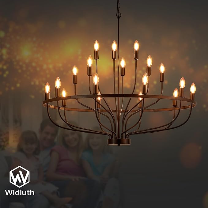 39.4“ Industrial Black Chandelier Rustic Vintage 18-Lights Candle Style Chandeliers Light Fixture Large Retro Black Chandelier for Dining Room, Kitchen Island, Living Room, E12