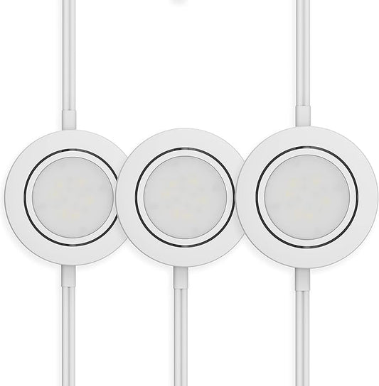 Getinlight LED Puck Lights 3-Pack, 2.75" Metal Housing, Wall-Dimmer Compatible, 2700K Warm White, White Finish, Plug-in or Hardwired, ETL Listed, IN-0107-3