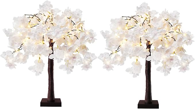 obbsie 24 Inch Lighted Cherry Blossom Tree, 2 Pack Artificial Bonsai Flower Tree with Timer Battery/USB Operated Pink Light Up Tabletop Tree for Spring Wedding Party Indoor Outdoor Decor