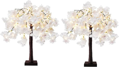 obbsie 24 Inch Lighted Cherry Blossom Tree, 2 Pack Artificial Bonsai Flower Tree with Timer Battery/USB Operated Pink Light Up Tabletop Tree for Spring Wedding Party Indoor Outdoor Decor