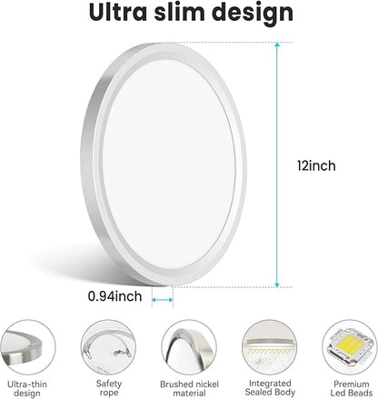 libtit 12 inch Flush Mount LED Ceiling Light Fixture, 3000K 4000K 6500K Adjustable, 28W 3200lm Brushed Nickel Satin Round Ceiling Lamp for Bathroom Shower Hallway Kitchen, 12 Pack