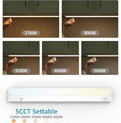 Leetdud LED Under Cabinet Lighting Hardwired or Plug in, 16 Inch 8W, Dimmable 5 Color 2700K/3000K/3500K/4000K/5000K, Linkable Eyes Care Design Counter Lights for Kitchen, Sink, ETL Listed, White