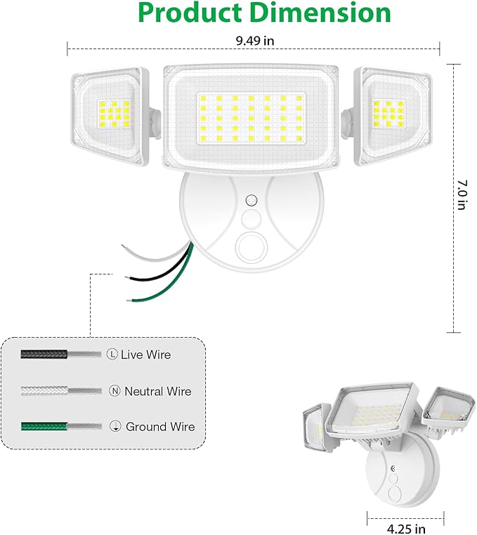 iMaihom 65W 6500LM LED Outdoor Flood Light, Switch Controlled Outdoor Security Light, 3 Adjustable Heads, IP65 Waterproof, 6500K Daylight White, Hardwired Wall Mount Light for Garage Yard Patio, White