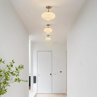 Ribbed Milk Glass Flush Mount Ceiling Light Mid Century Modern Entry Light Fixture White Semi Flush Mount Lights Gold Globe Hallway Ceiling Light (2 Pack)