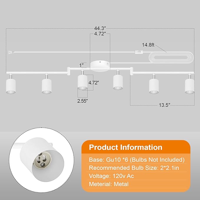 Track Lighting Plug in, LED Track Lighting Fixtures Ceiling Kit, White 6-Light Ceiling Light Plug-in, Wall Light with 14.8ft Power Cord, Rotatable Kitchen Spotlight for Bedroom(GU10 Socket, NO Bulb)