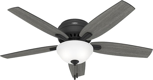Hunter 52 inch Indoor Ceiling Fan with LED Light - Black Ceiling Fan with Pull Chain, For Bedroom or Living Room, Low Profile Flush Mount, 5 Blades, Includes Bulbs - Newsome 52396, Matte Black